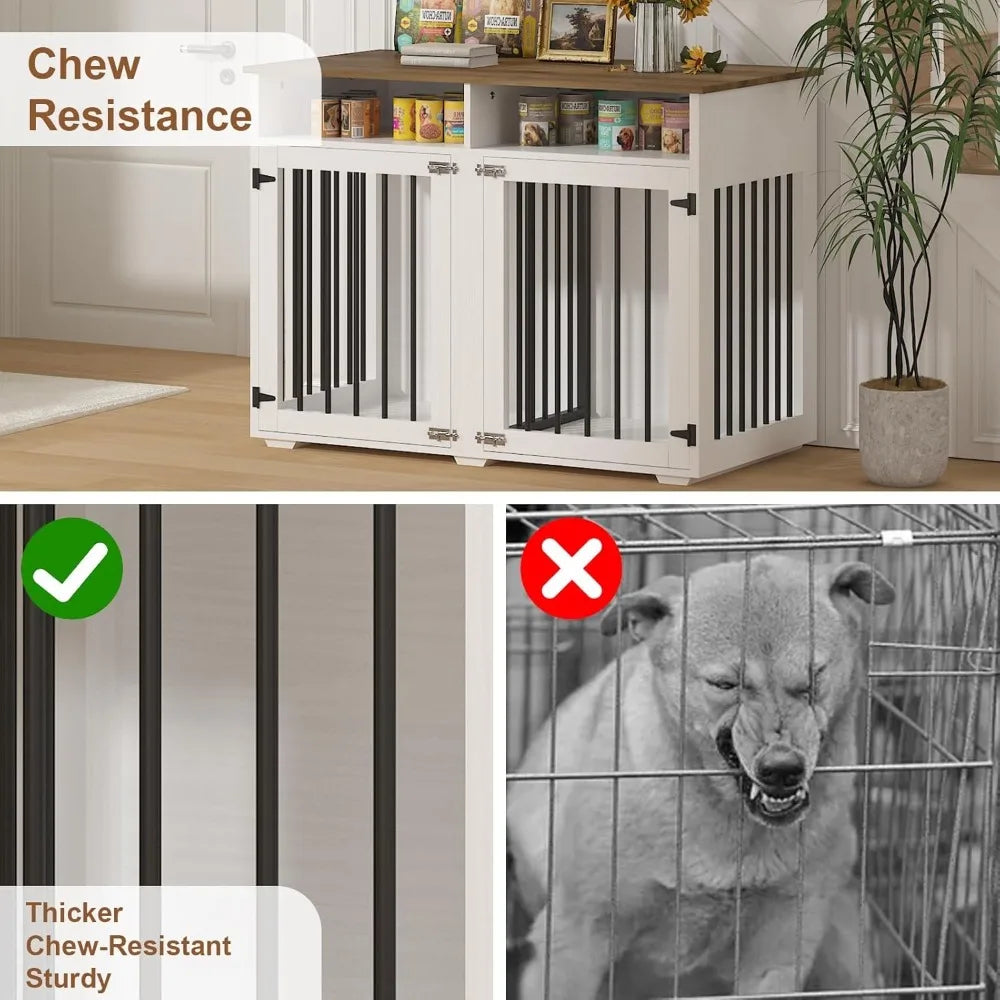 Double Dog Wooden Crate With Removable Partition And Storage Shelf