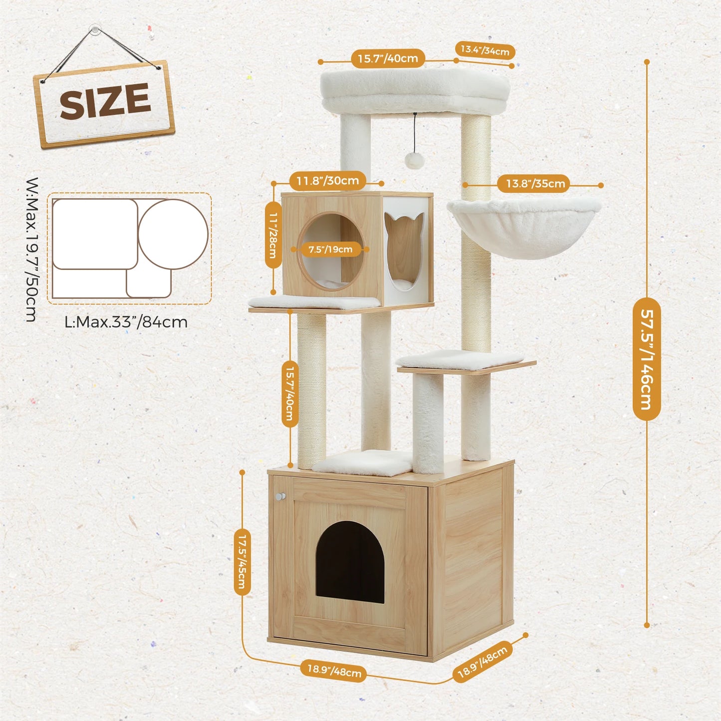 PEQULTICN Cat Tree Tower With Litter Box Wood Structure Hammock