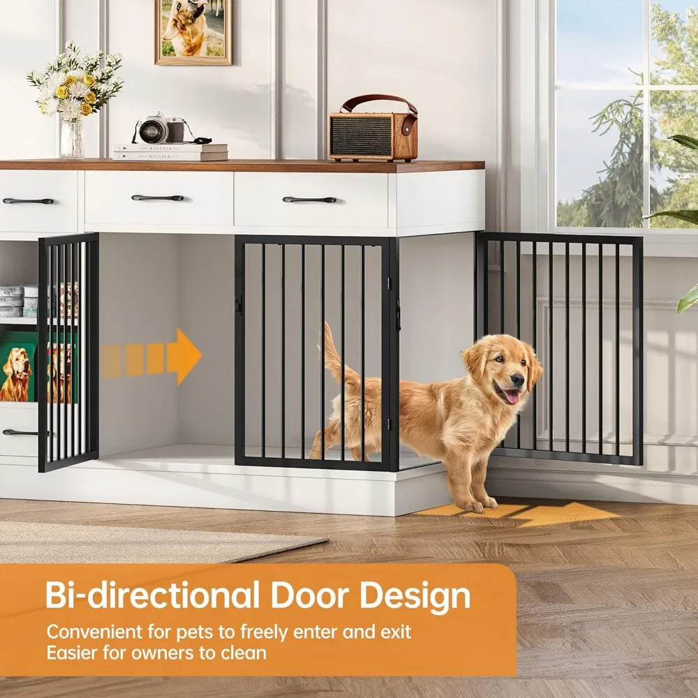 TIFICY Engineered Wood Dog Crate With Hidden Feeder Bowl And Storage Drawers