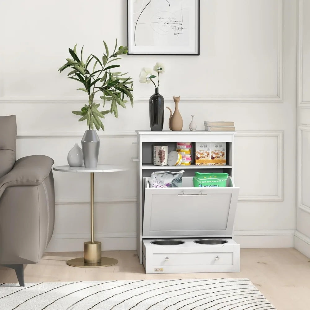 Dog Feeder Cabinet With Raised Bowls And Food Storage