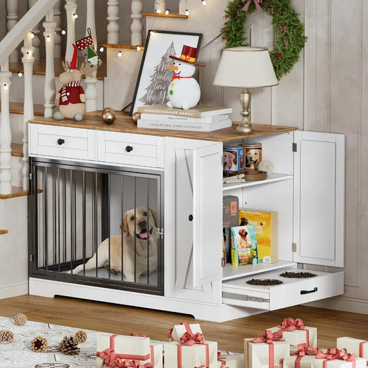 TIFICY Dog Crate Furniture With Storage Cabinet And Feeder