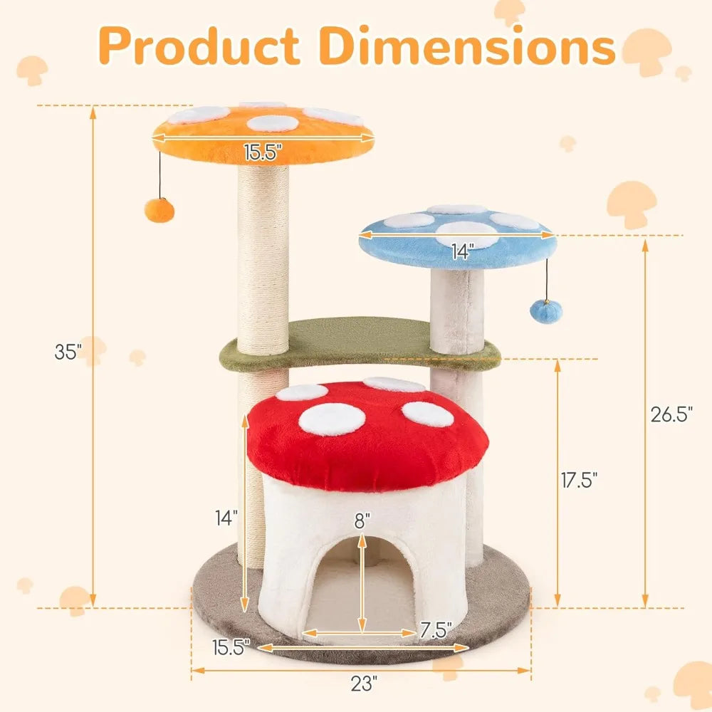 Color Mushroom Shaped Cat Tree With Sisal Posts And Perches