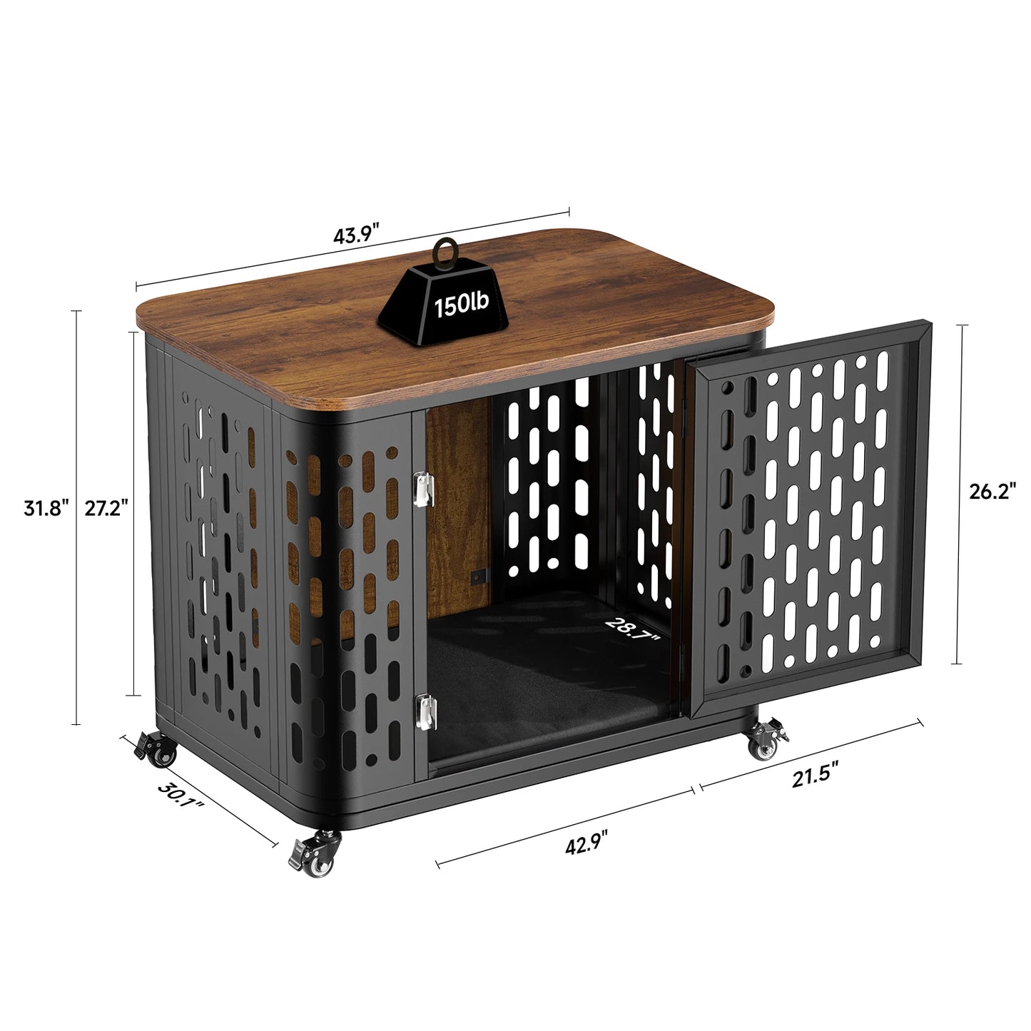 ONBRILL Dog Crate Wood Kennel With Cushion And Wheels
