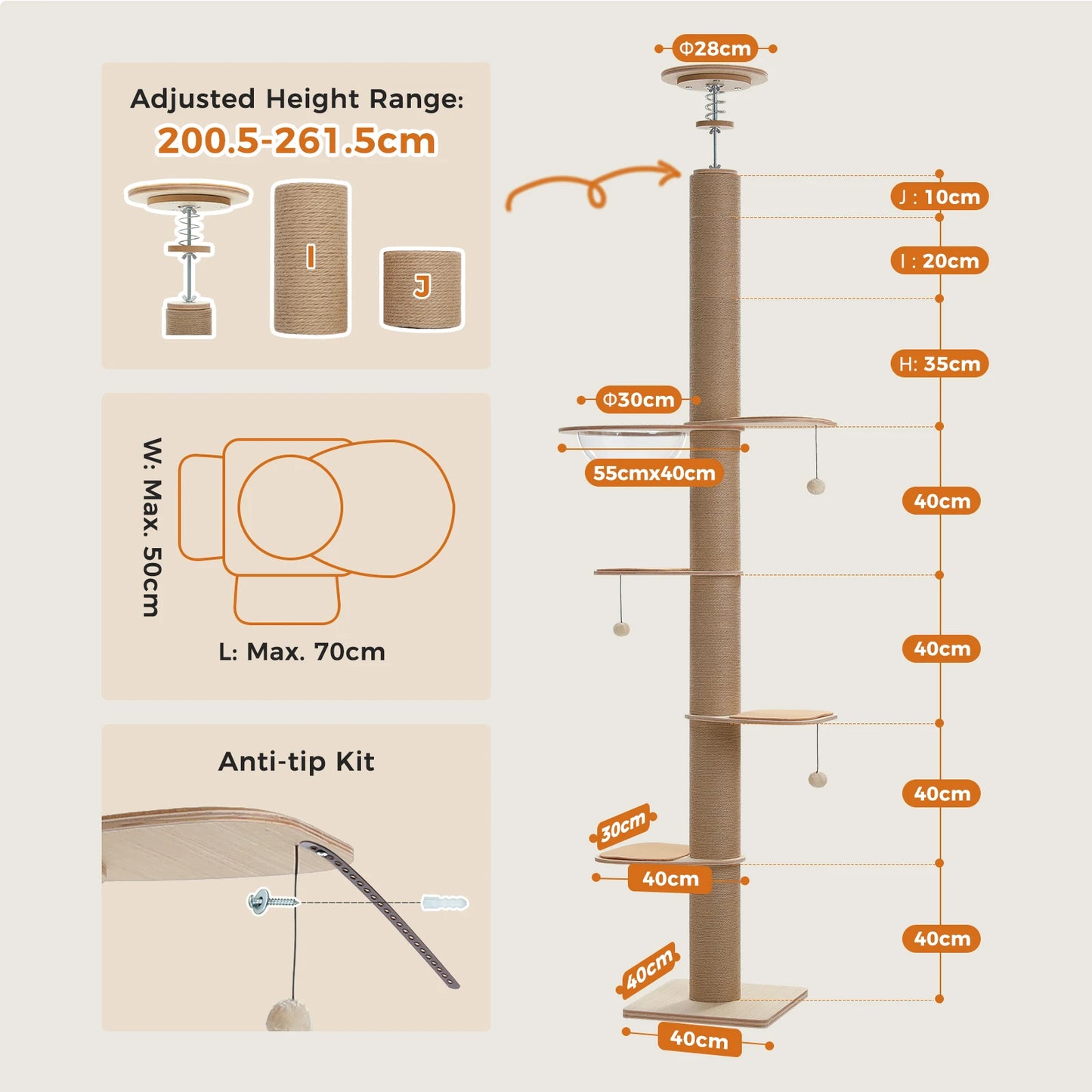 PAWZ Road Floor to Ceiling Adjustable Cat Tree with Scratching Posts and Toys