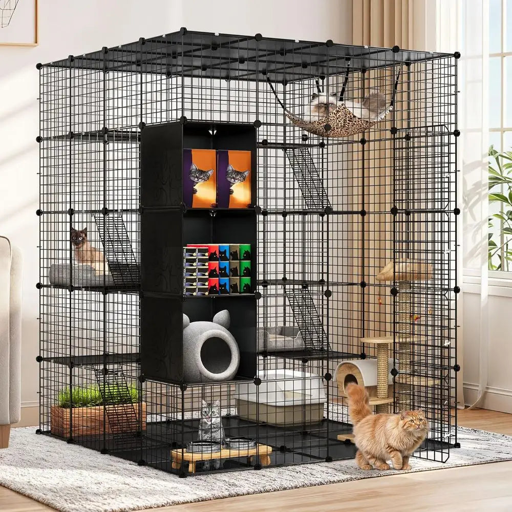 CageIndoor Large with Storage Cube DIY Outdoor Catio Cats Enclosures Metal Playpen with Hammock Platforms for 1-4Cats 5Tiers