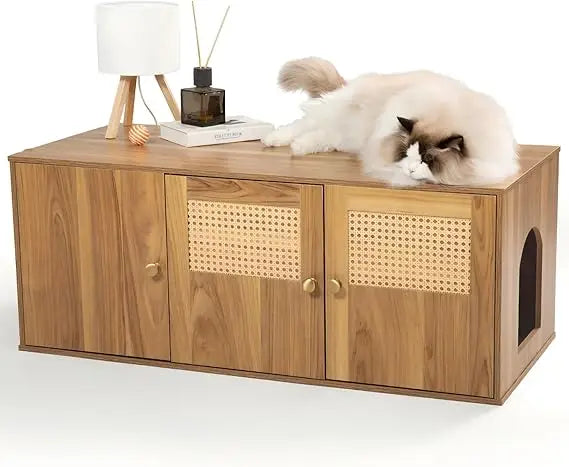 Wooden Cat Litter Box Enclosure With Storage And Adjustable Divider