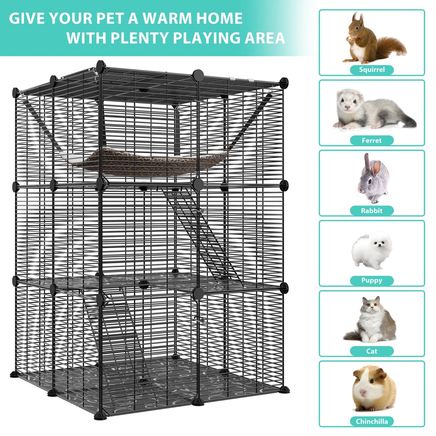 Closure 3-Tier Cat Cage Enclosure Metal Wire Kennel Playpen With Hammock