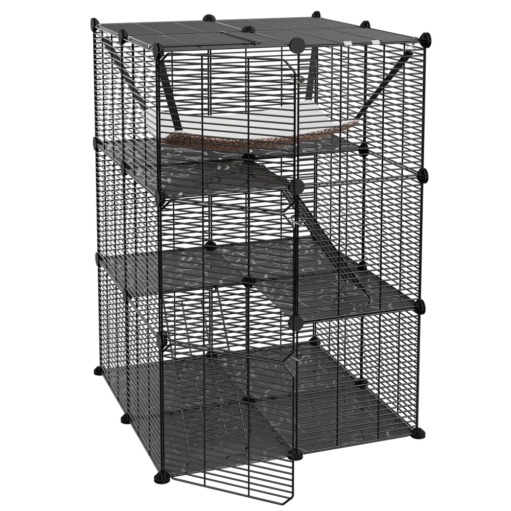 Closure 3-Tier Cat Cage Enclosure Metal Wire Kennel Playpen With Hammock