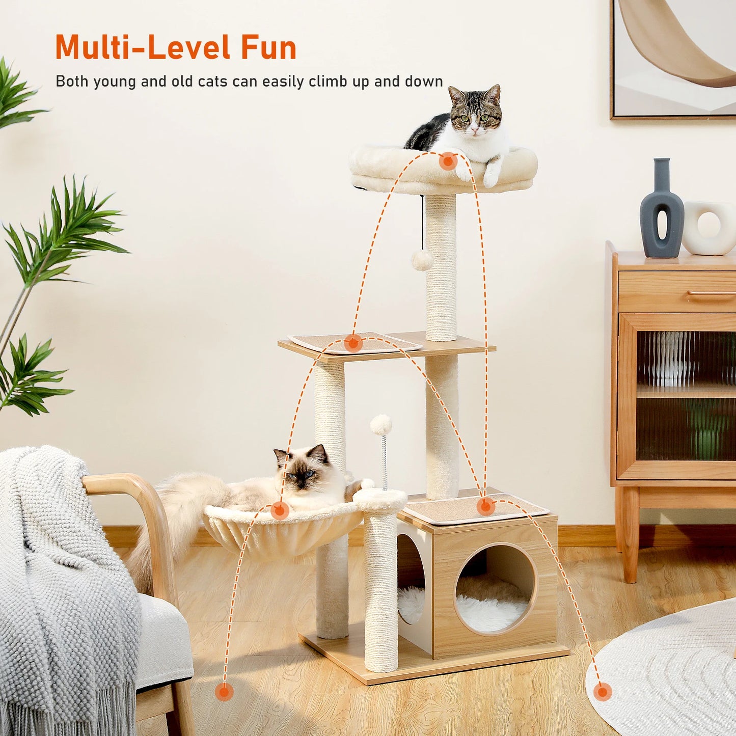 PAWZ Road Modern Multi-Level Wood Cat Tree With Condo Hammock
