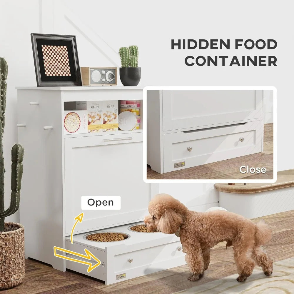 Dog Feeder Cabinet With Raised Bowls And Food Storage