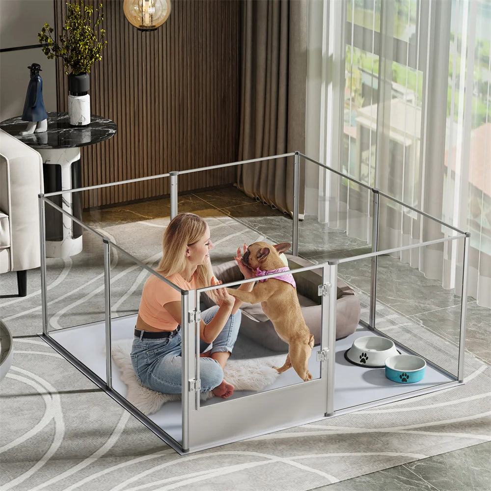 BORWAR Dog Playpen Acrylic Enclosure With Waterproof Pad For Pets