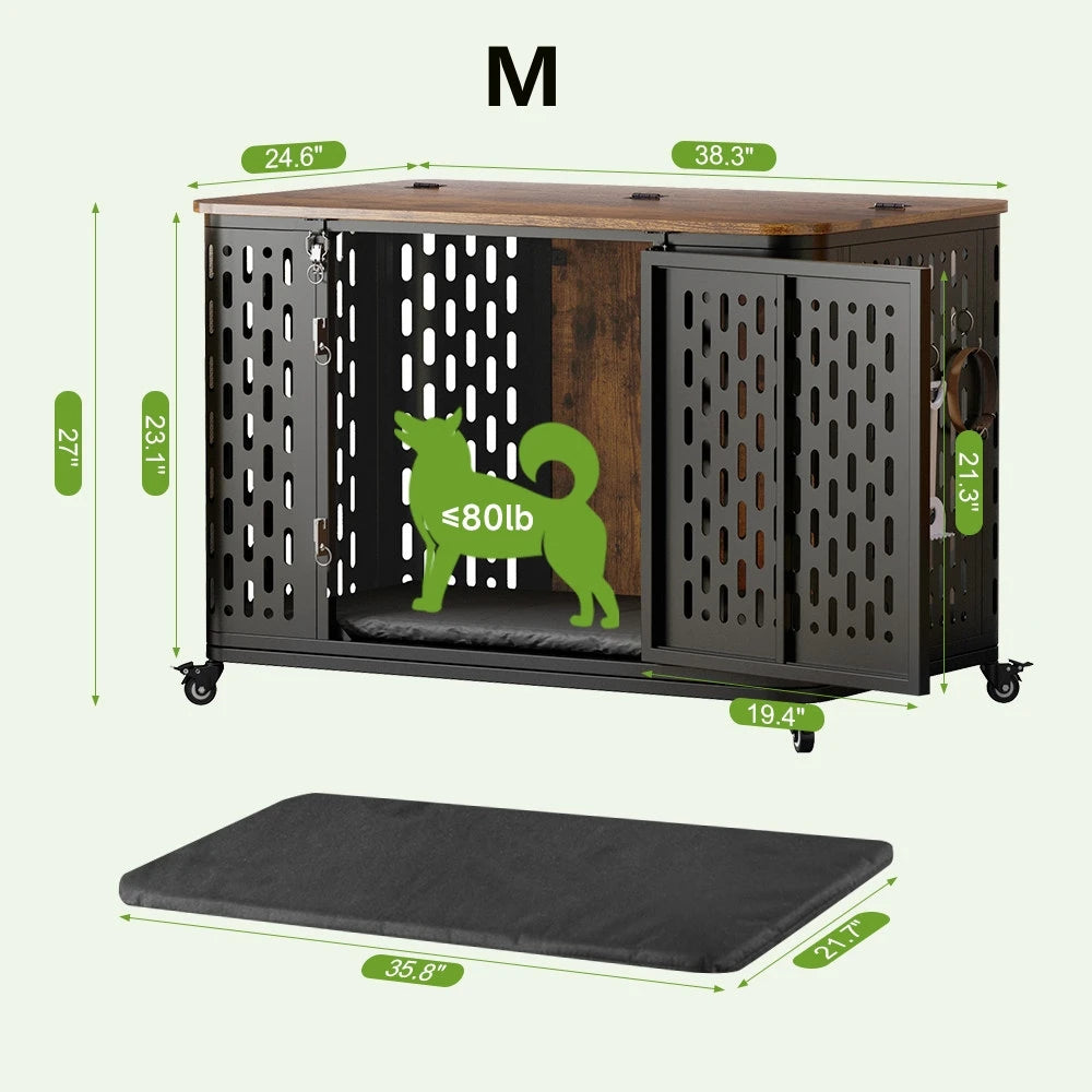 ONBRILL Dog Crate Wood Kennel With Cushion And Wheels
