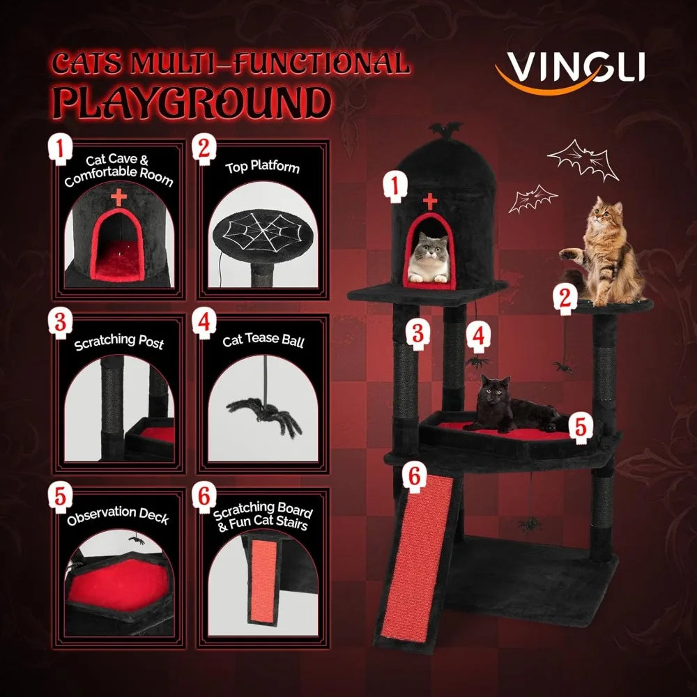 Gothic Halloween Cat Tree Tower With Scratching Posts And House Cave