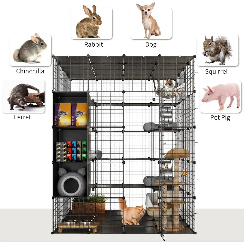CageIndoor Large with Storage Cube DIY Outdoor Catio Cats Enclosures Metal Playpen with Hammock Platforms for 1-4Cats 5Tiers