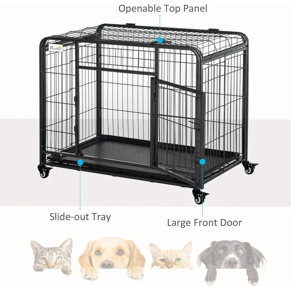 Metal Dog Cage Crate With Removable Tray And Cover Outdoor 4 Locking Wheels