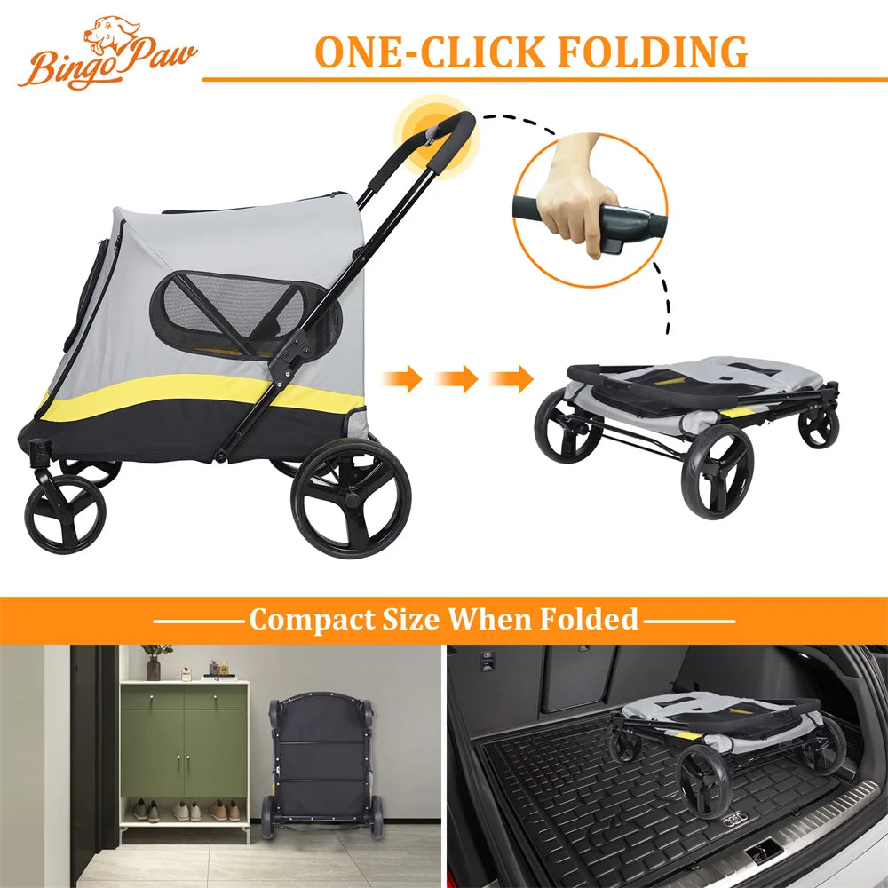Breed Foldable One-Click Dog Stroller 4 Wheel Travel Rain Cover