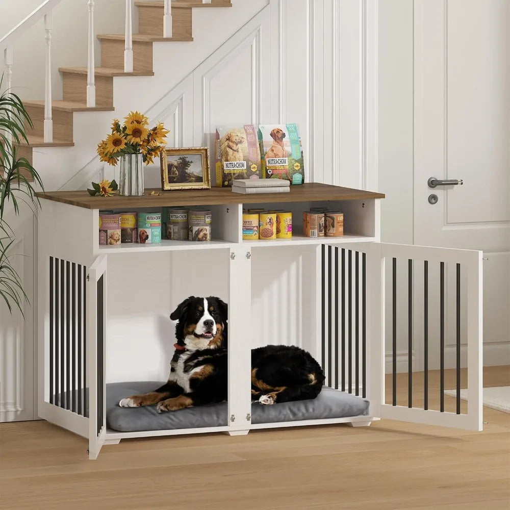 Double Dog Wooden Crate With Removable Partition And Storage Shelf