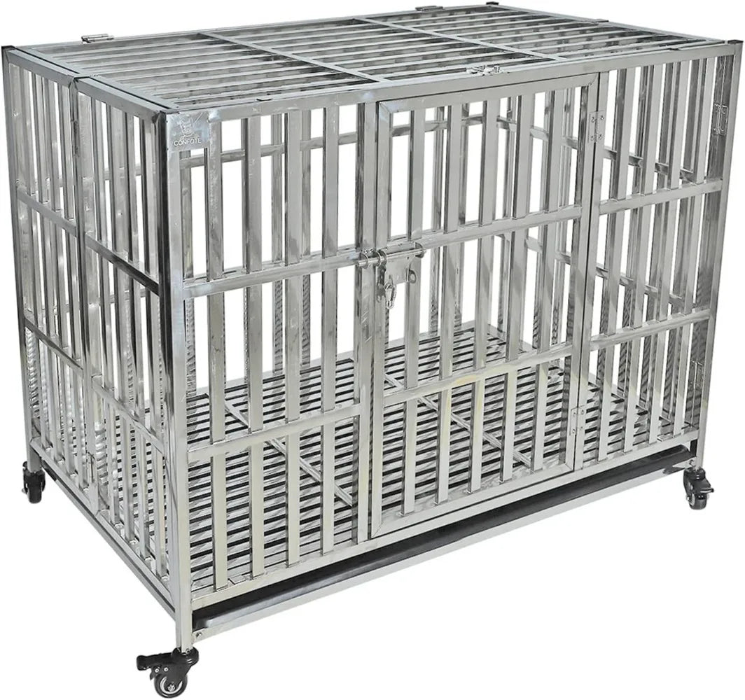 High Concerned Stackable Stainless Steel Dog Crate With Lockable Rolling Wheels