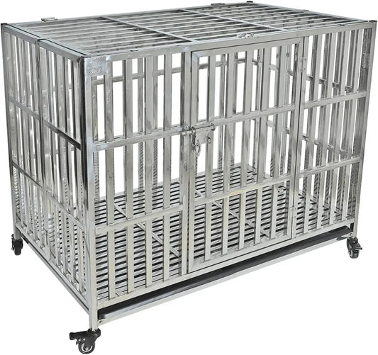 High Concerned Stackable Stainless Steel Dog Crate With Lockable Rolling Wheels