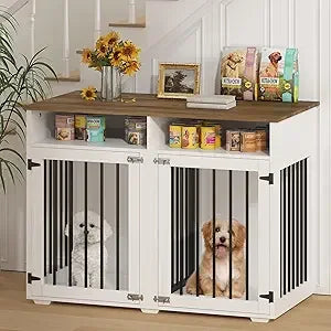 Double Dog Wooden Crate With Removable Partition And Storage Shelf