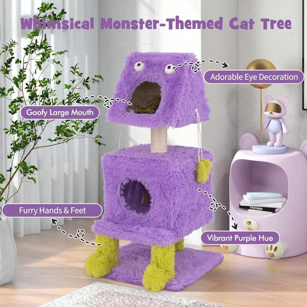 Monster Themed Three Tier Cat Tower With Enclosed Condos And Sisal Posts