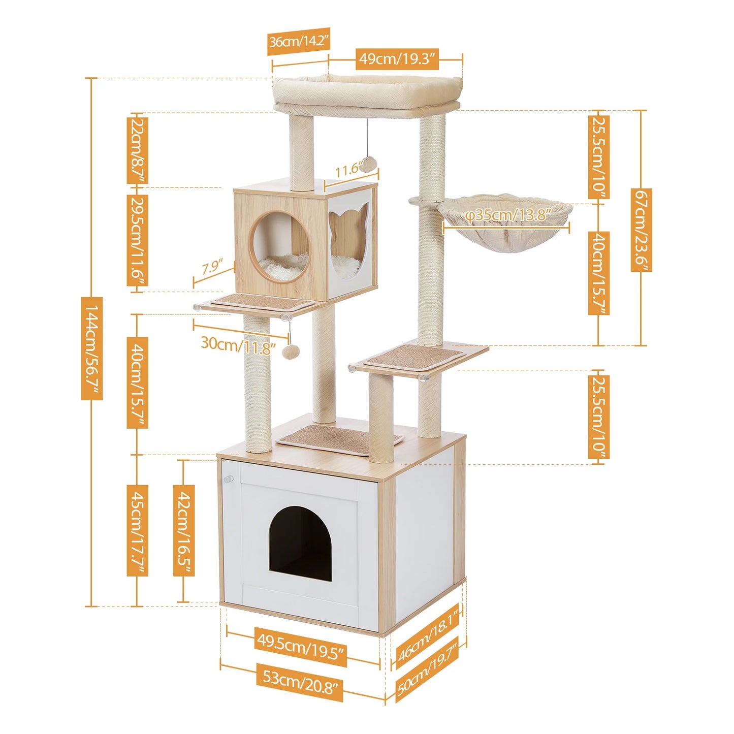 PEQULTICN Cat Tree Tower With Litter Box Wood Structure Hammock