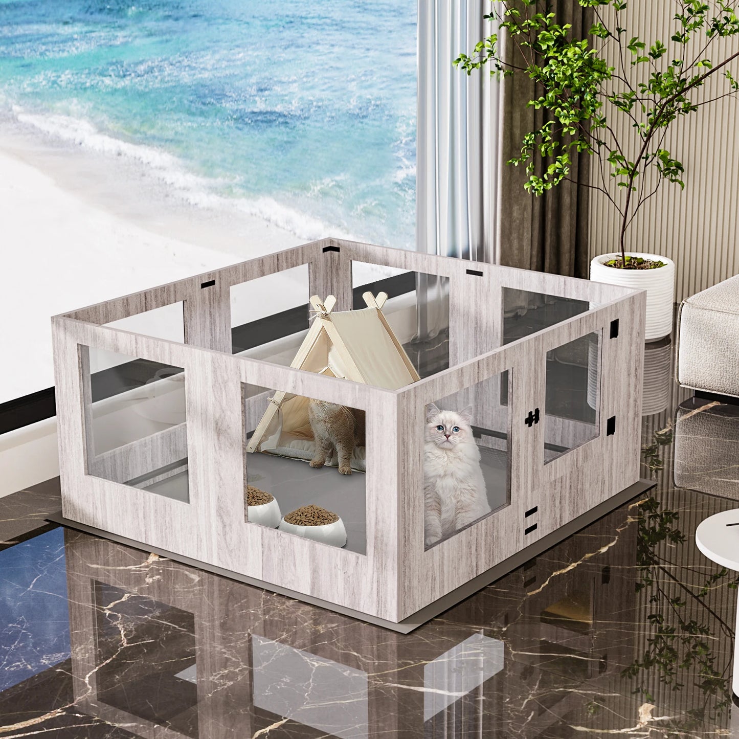 BINGOPAW Tempered Glass Dog Playpen 8 Panels With Waterproof Pad