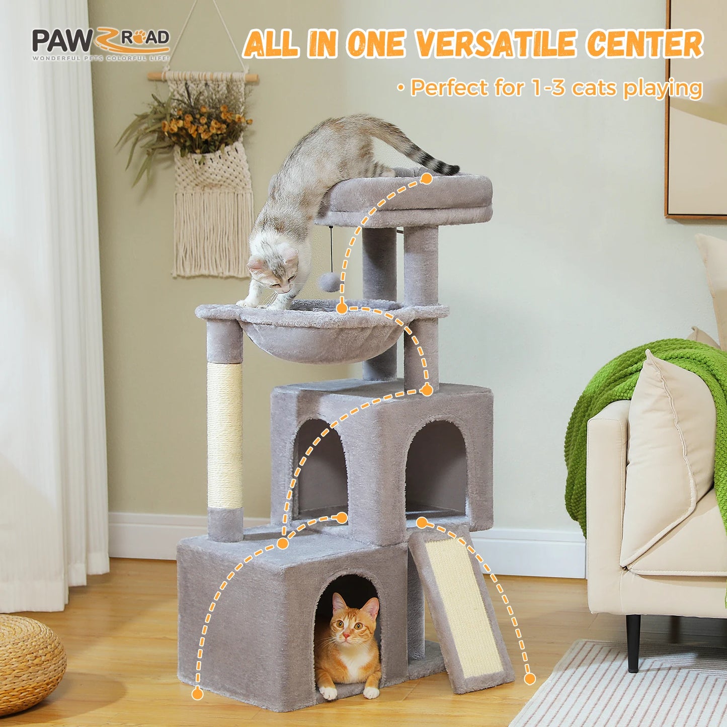 Pawz Road Multi-Level Indoor Cat Tree With Spacious Condos And Scratching Pad
