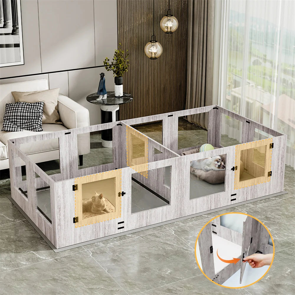 BORWARTH Dog Whelping Box Playpen With Tempered Glass Two Rooms