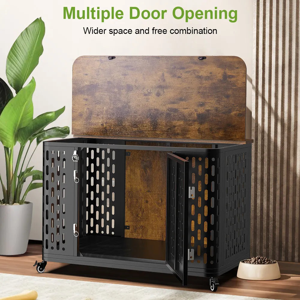 ONBRILL Dog Crate Wood Kennel With Cushion And Wheels