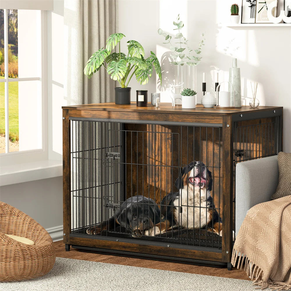 BORWAR Elevated Wooden Dog Crate End Table Kennel With Tray