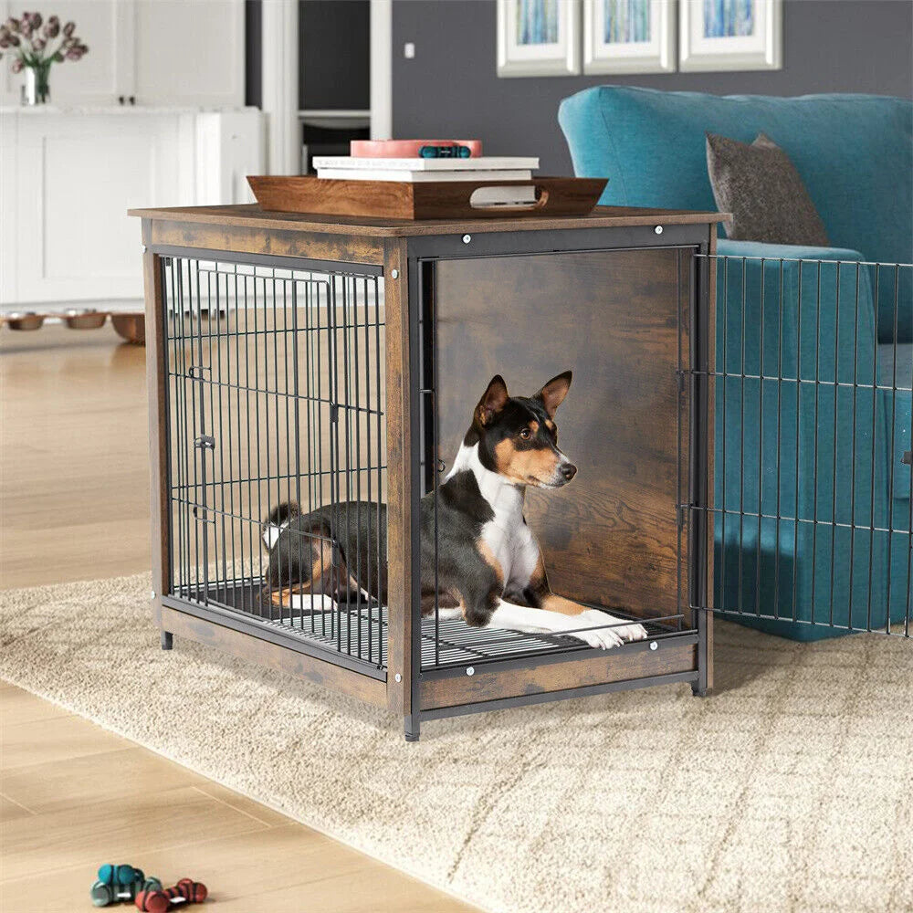 BORWAR Elevated Wooden Dog Crate End Table Kennel With Tray