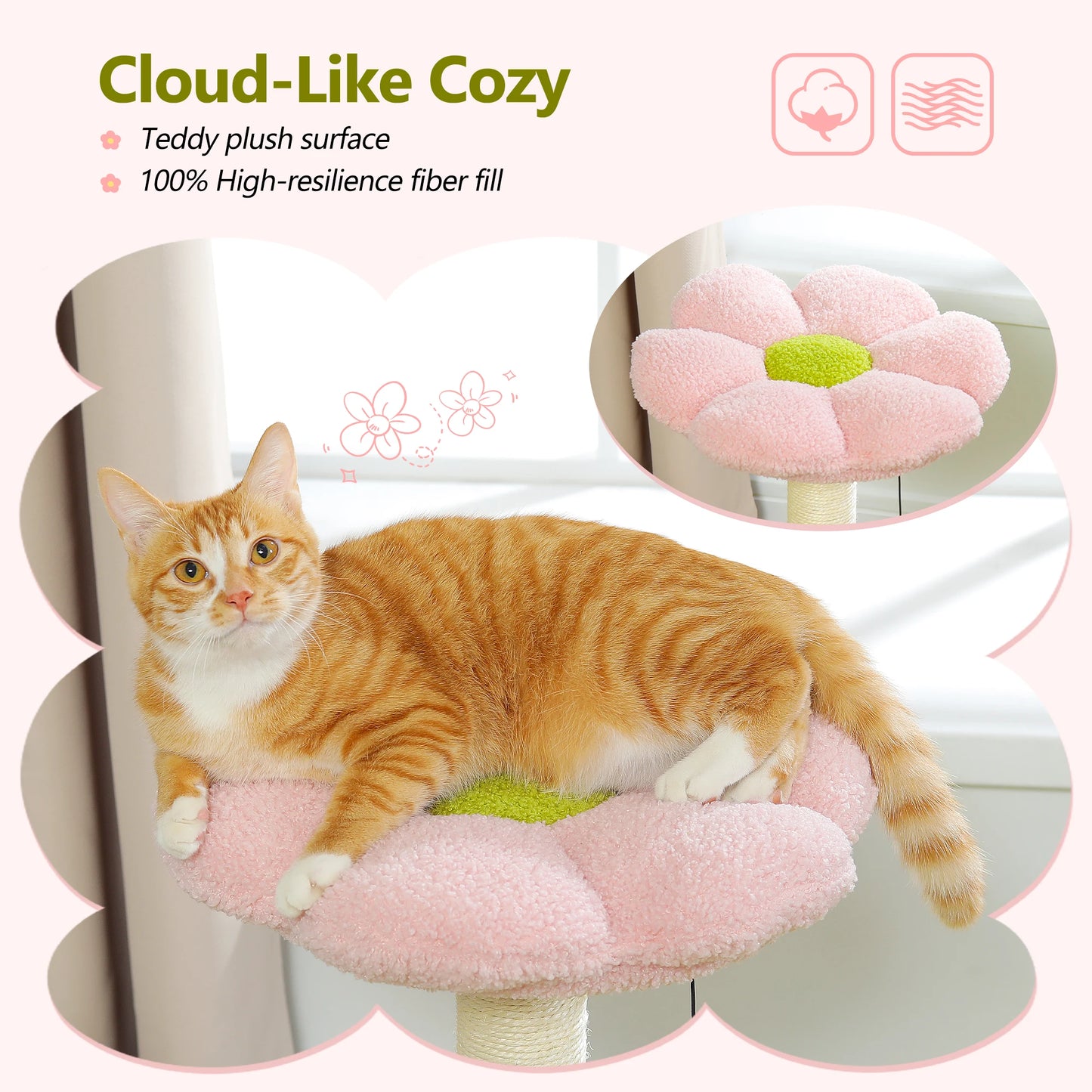 Flower Cat Tree with Sisal Scratching Post Large Hammock Soft Top Perch Small Cat Tower for Indoor Cute Cat Scratcher Kitten Toy
