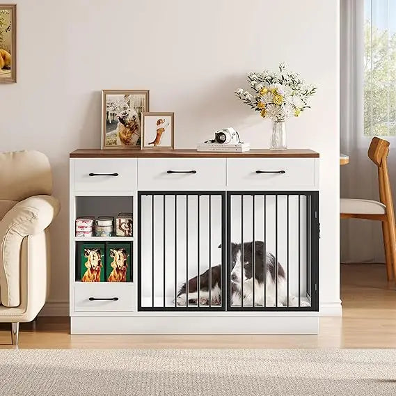 TIFICY Engineered Wood Dog Crate With Hidden Feeder Bowl And Storage Drawers