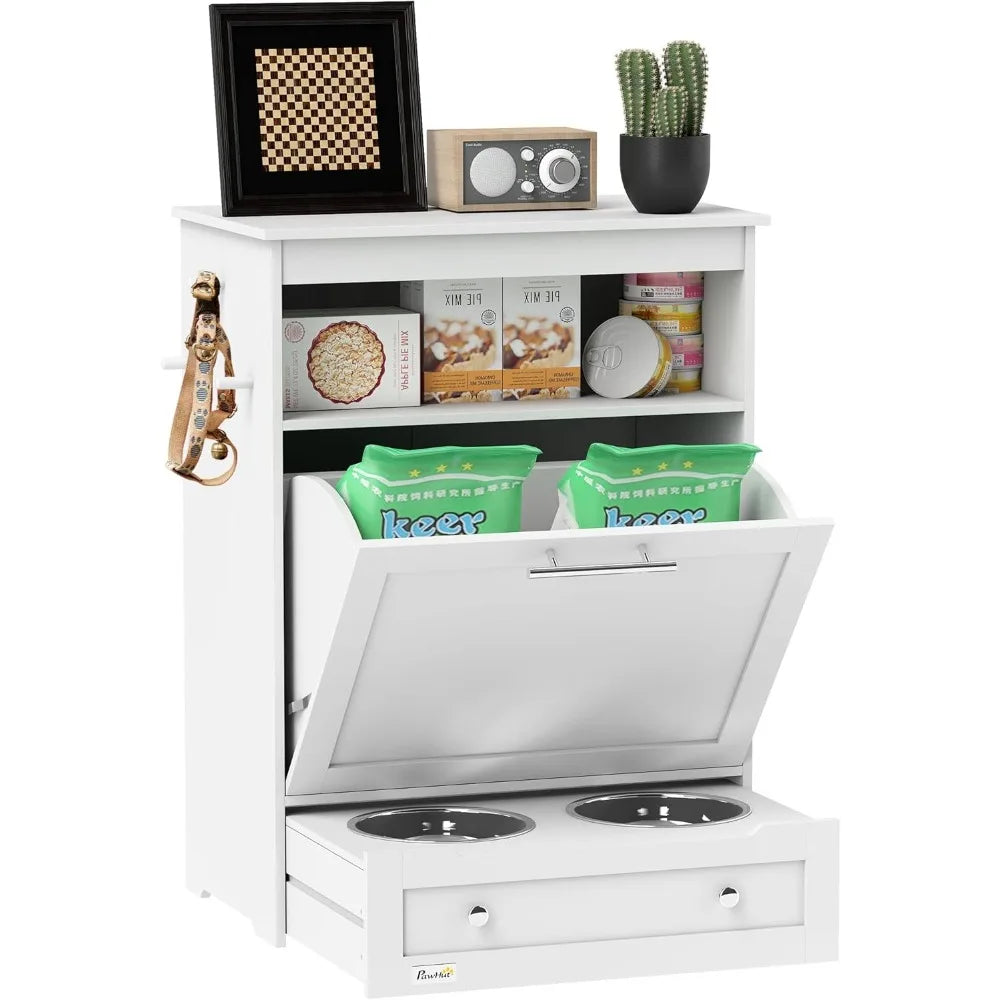 Dog Feeder Cabinet With Raised Bowls And Food Storage