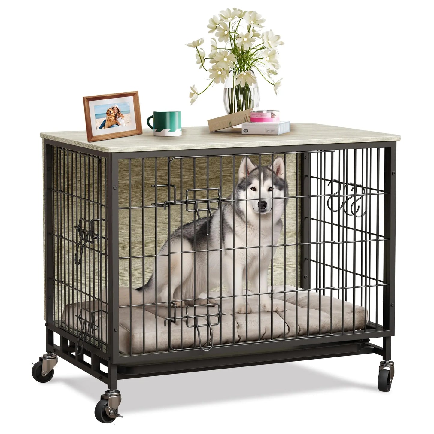 HiMISS Heavy Duty Metal Dog Crate Indoor Outdoor Kennel With Shelves