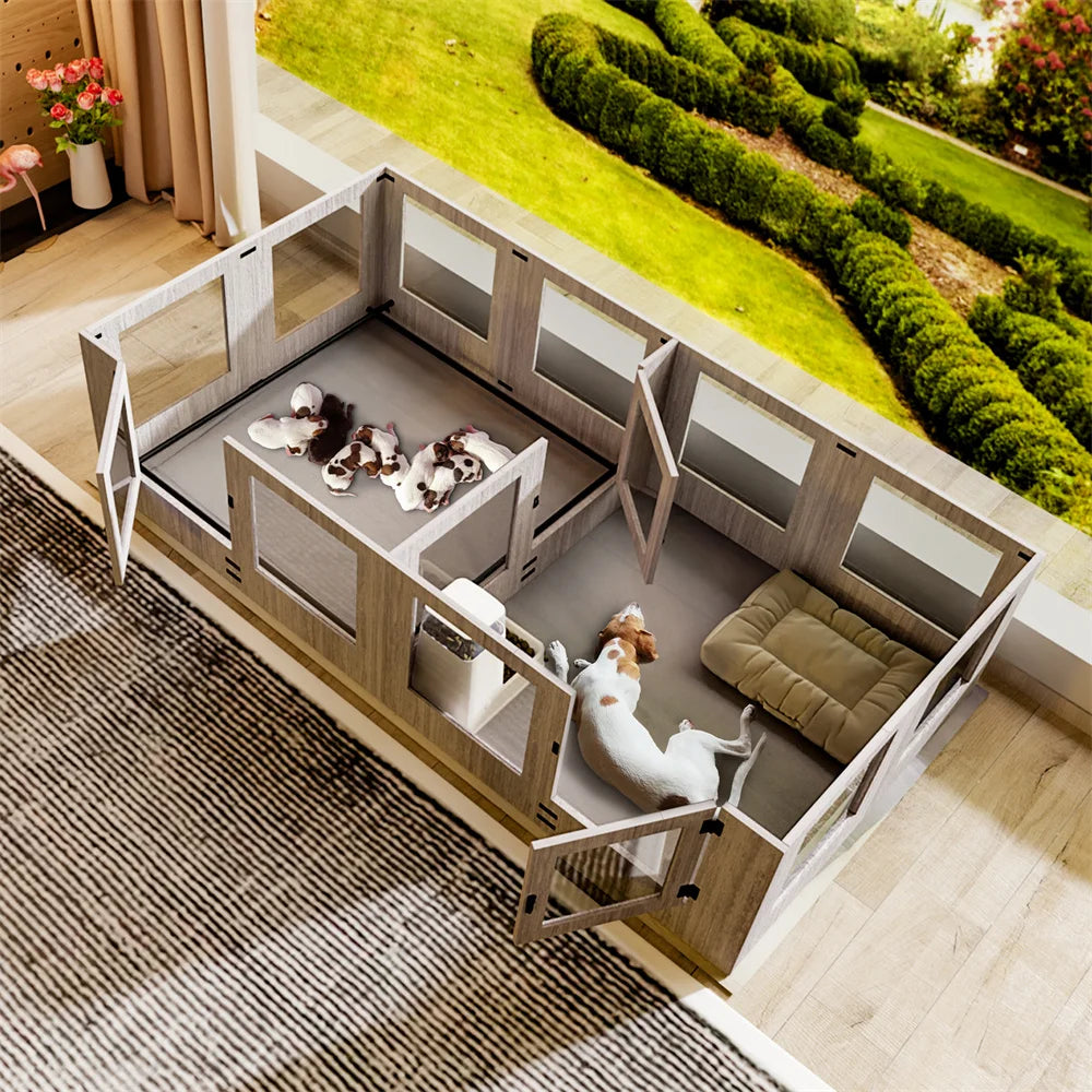 BORWARTH Dog Whelping Box Playpen With Tempered Glass Two Rooms