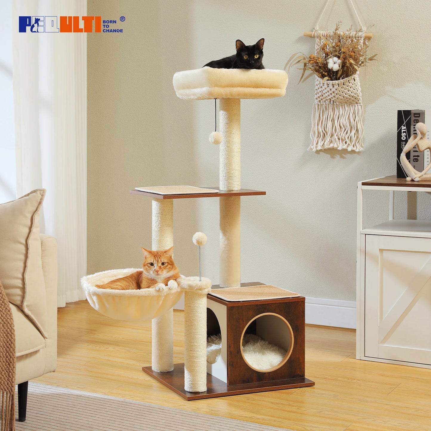 PAWZ Road Modern Multi-Level Wood Cat Tree With Condo Hammock