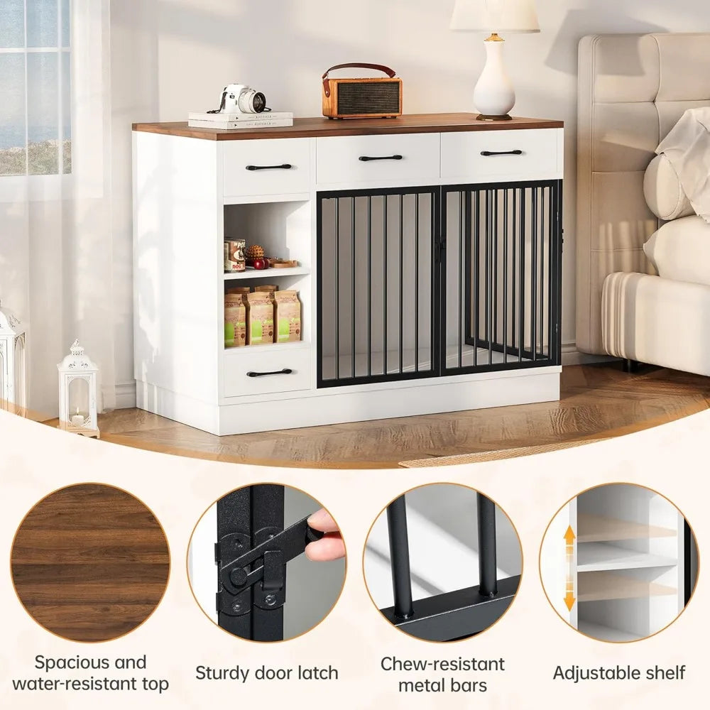 TIFICY Engineered Wood Dog Crate With Hidden Feeder Bowl And Storage Drawers