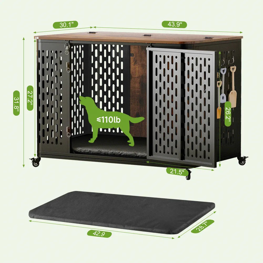 ONBRILL Dog Crate Wood Kennel With Cushion And Wheels