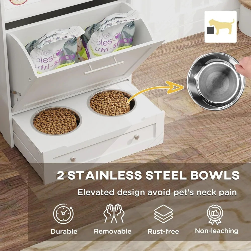 Dog Feeder Cabinet With Raised Bowls And Food Storage