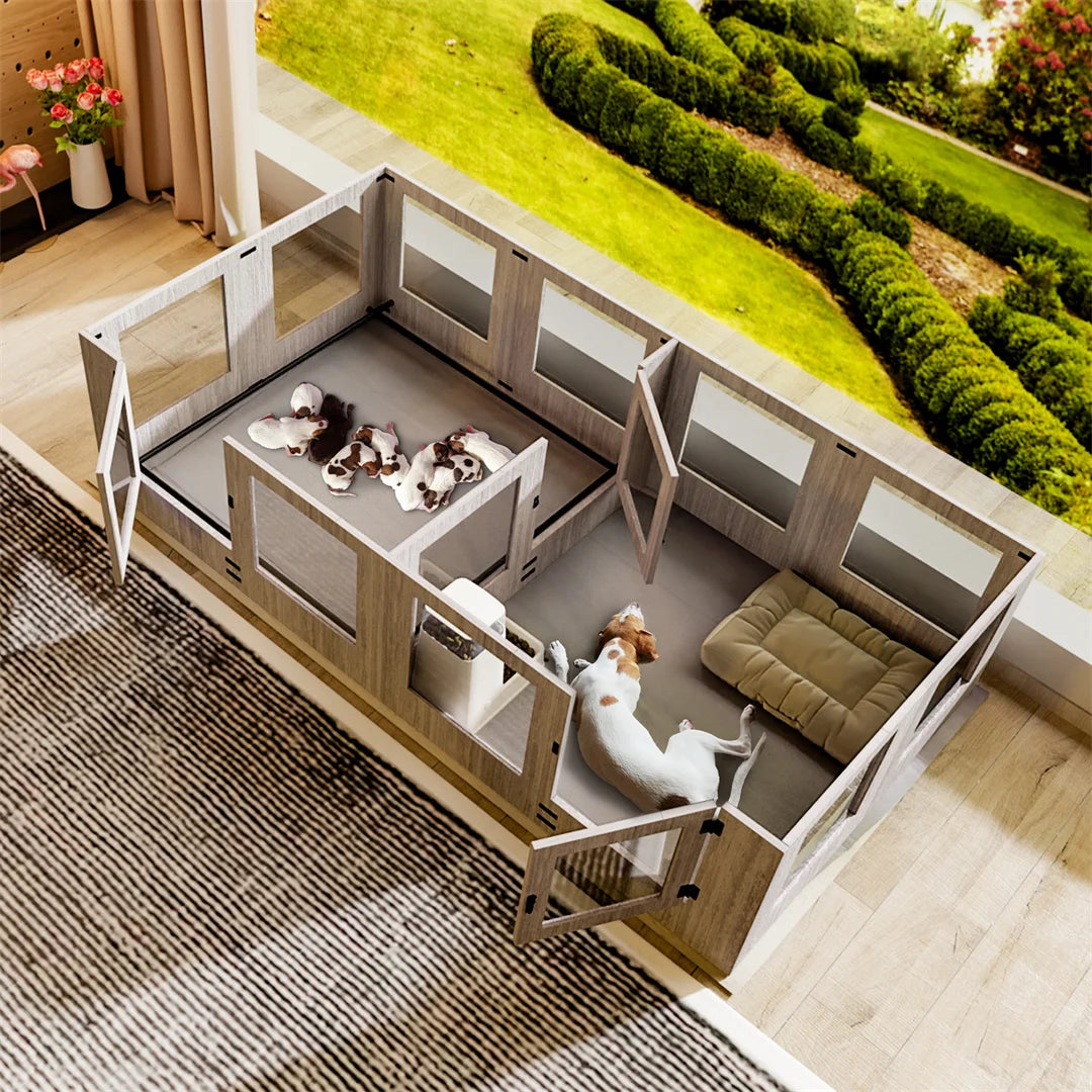 High-concerned Tempered Glass Whelping Box With Waterproof Pad For Puppies