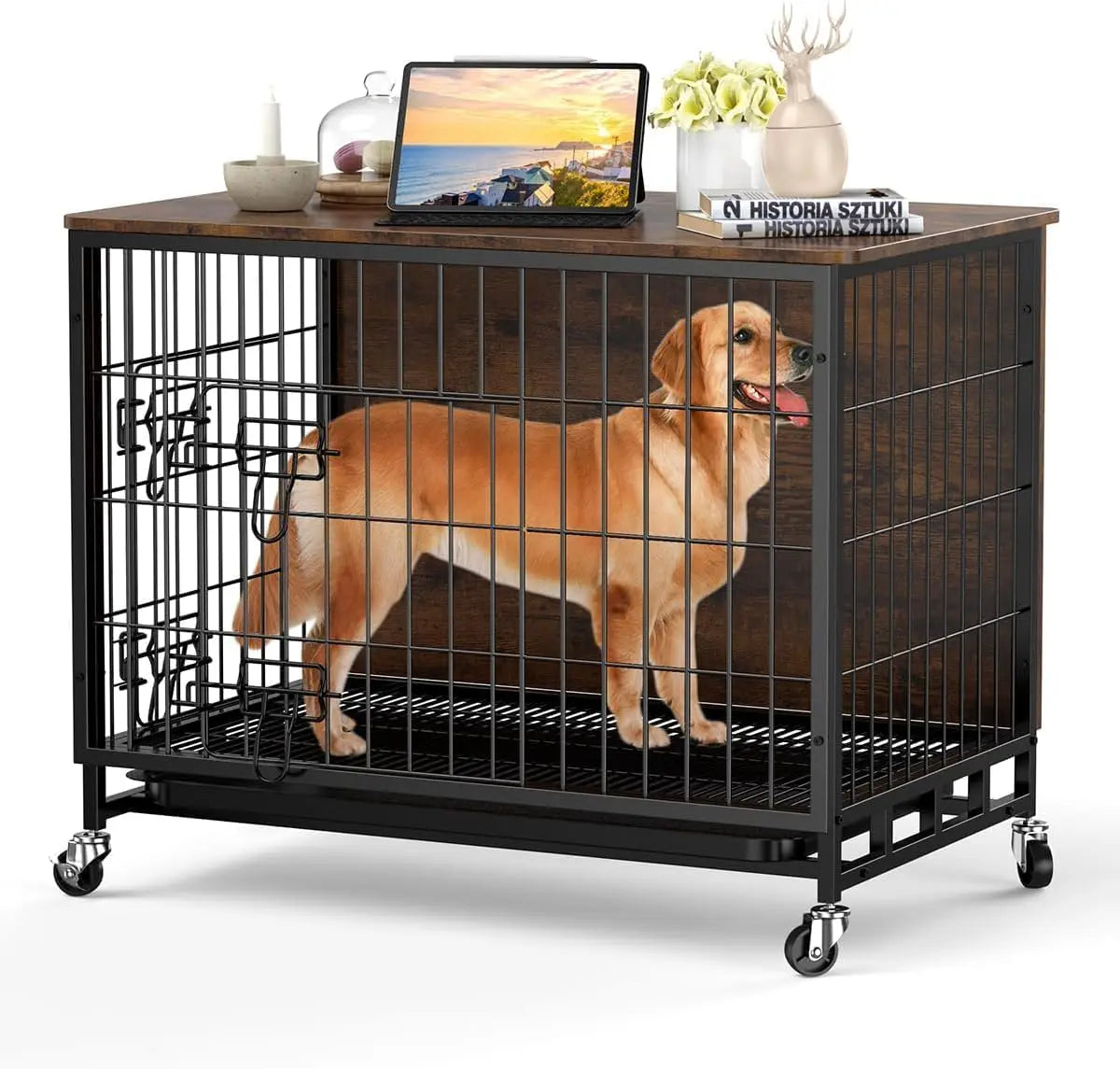 HiMISS Heavy Duty Metal Dog Crate Indoor Outdoor Kennel With Shelves