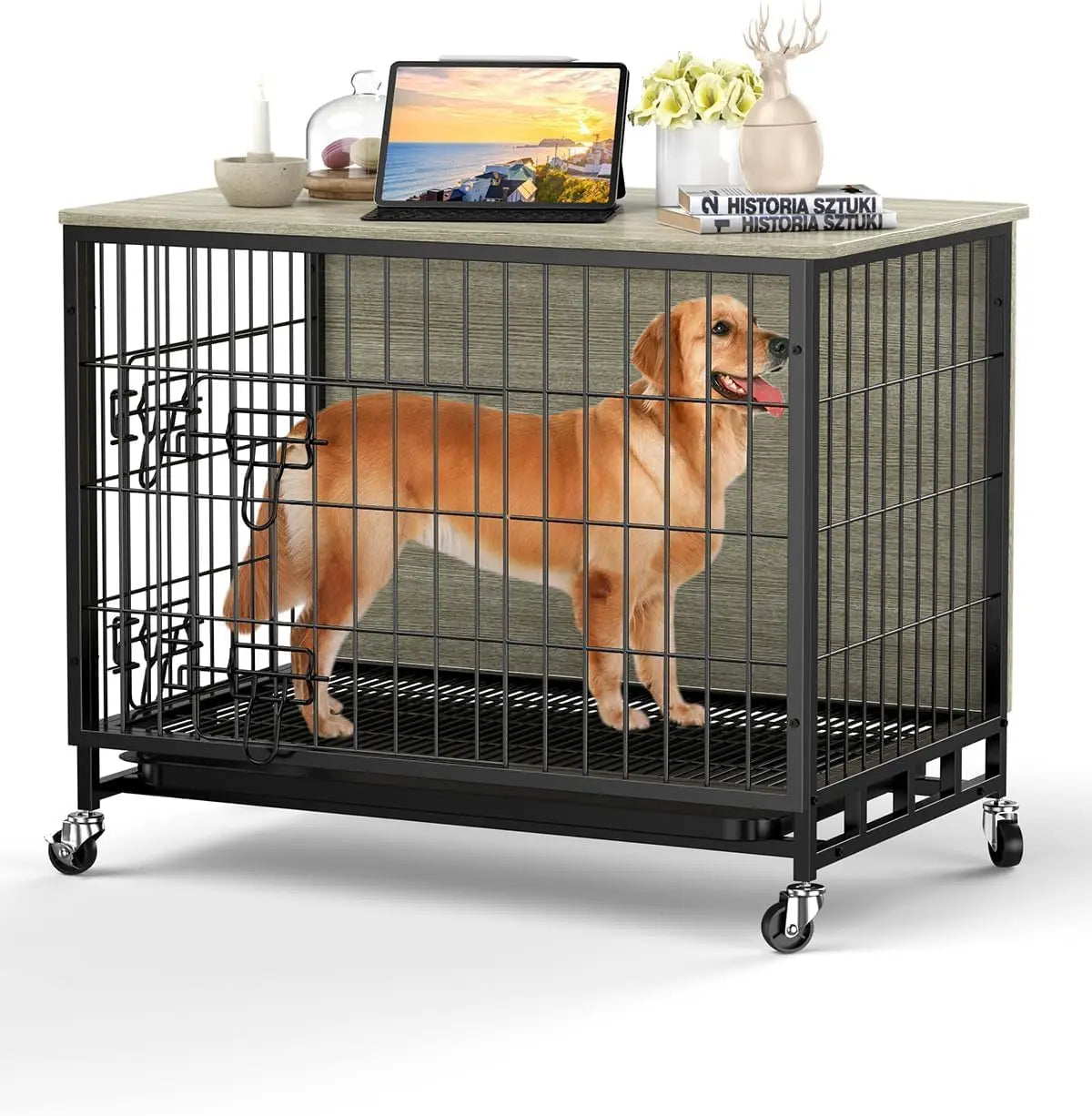 HiMISS Heavy Duty Metal Dog Crate Indoor Outdoor Kennel With Shelves
