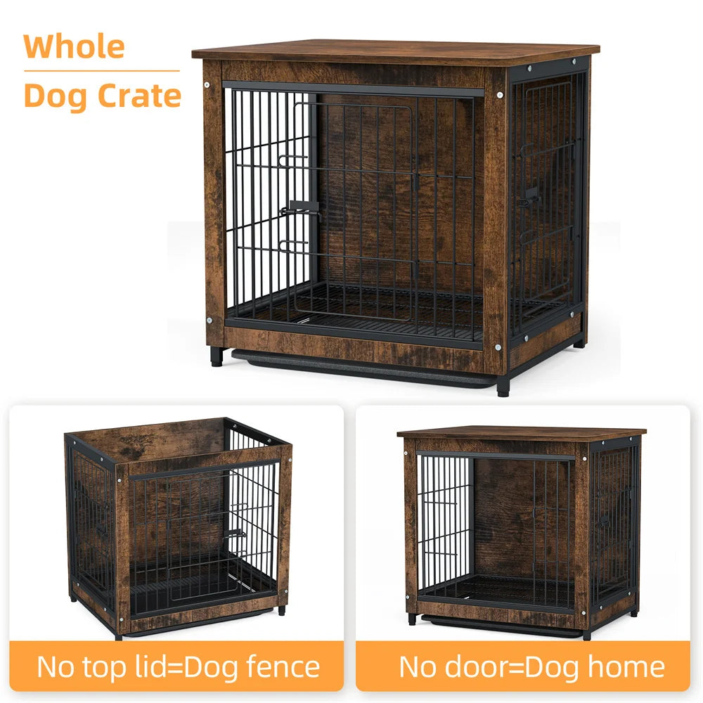 BORWAR Elevated Wooden Dog Crate End Table Kennel With Tray