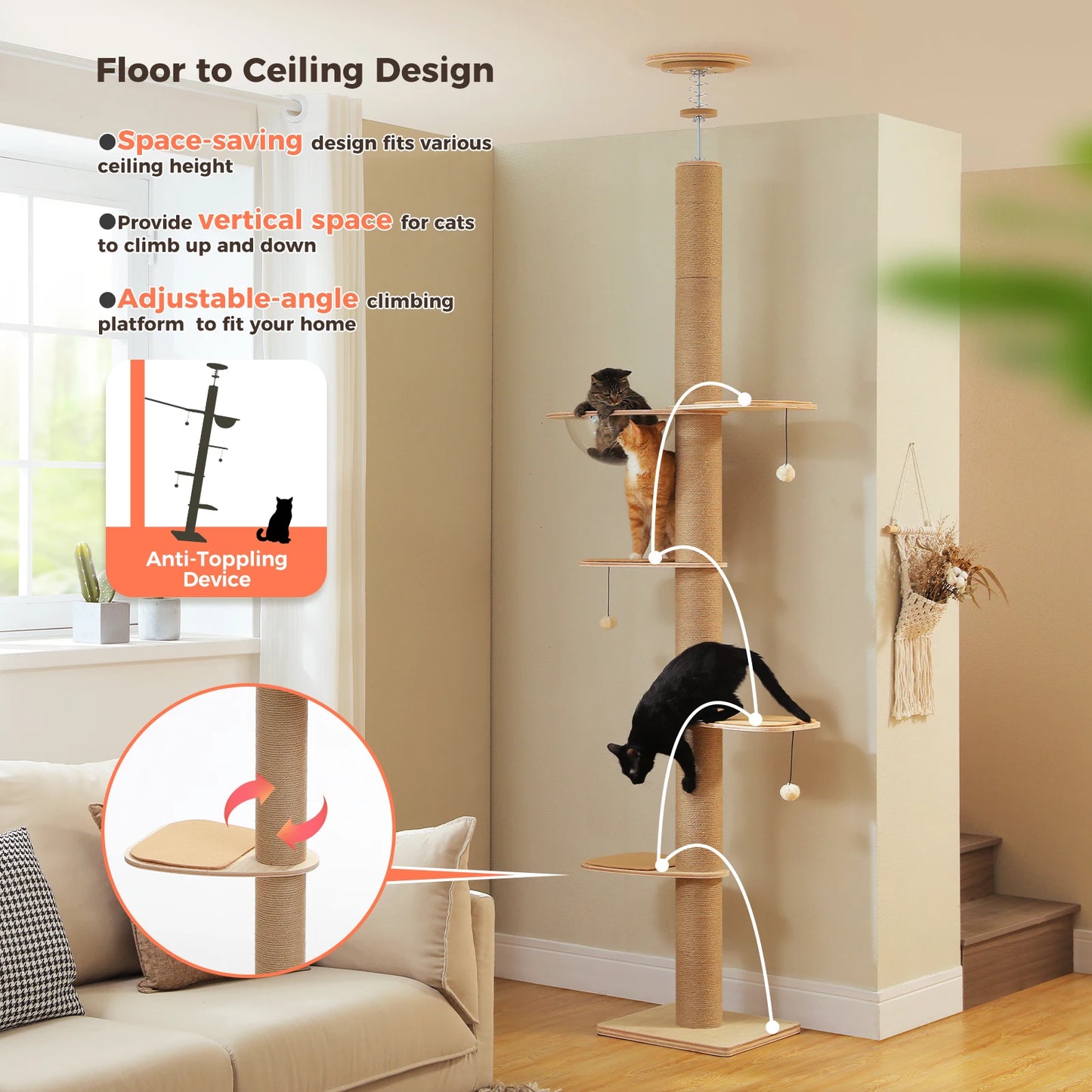 PAWZ Road Floor to Ceiling Adjustable Cat Tree with Scratching Posts and Toys