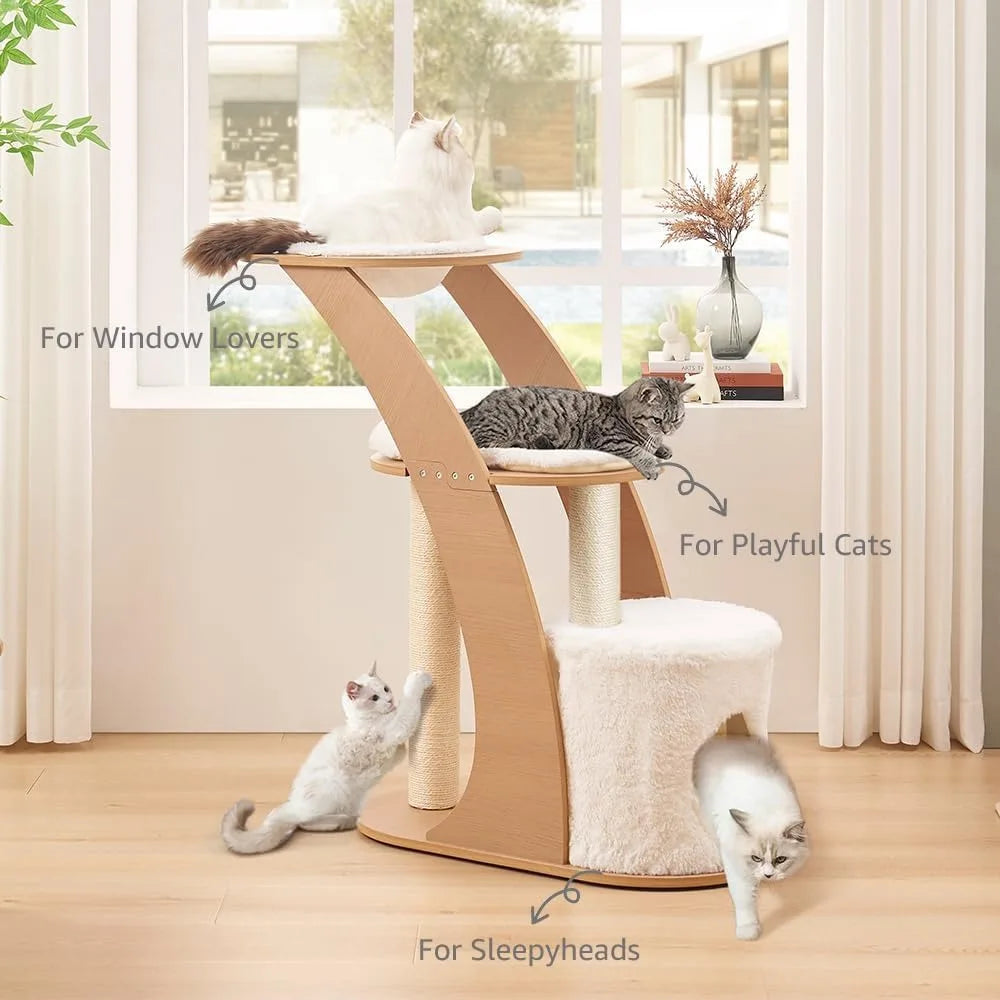 Indoor Wooden Cat Tower for Large Cats with Scratching Post