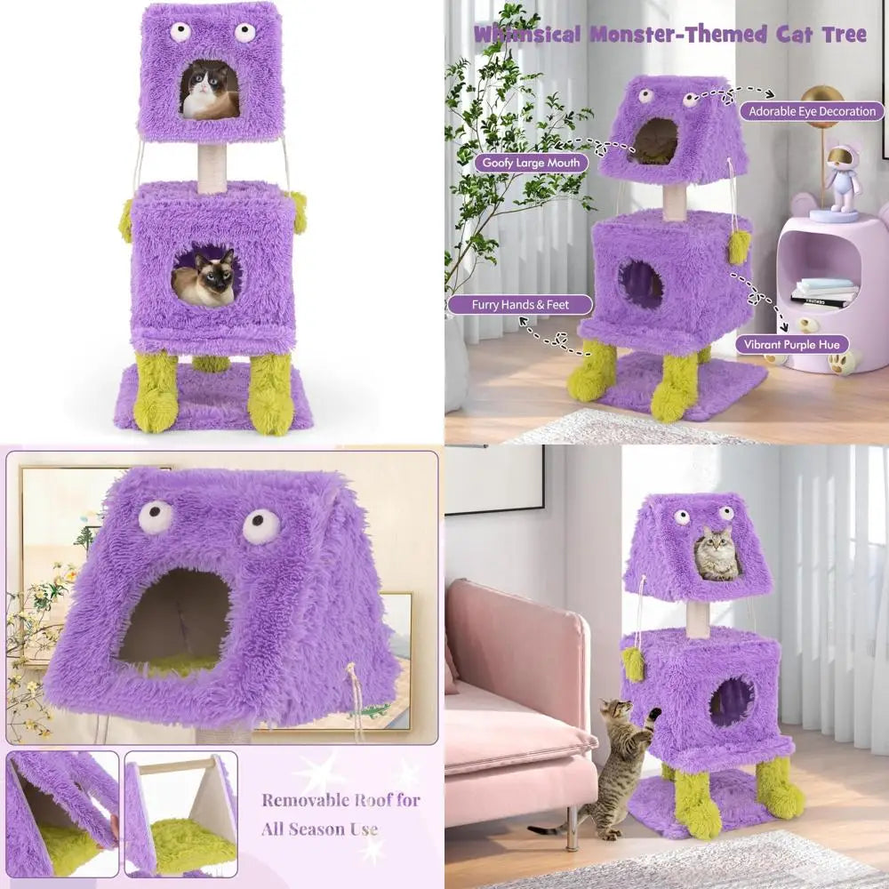 Monster Themed Three Tier Cat Tower With Enclosed Condos And Sisal Posts