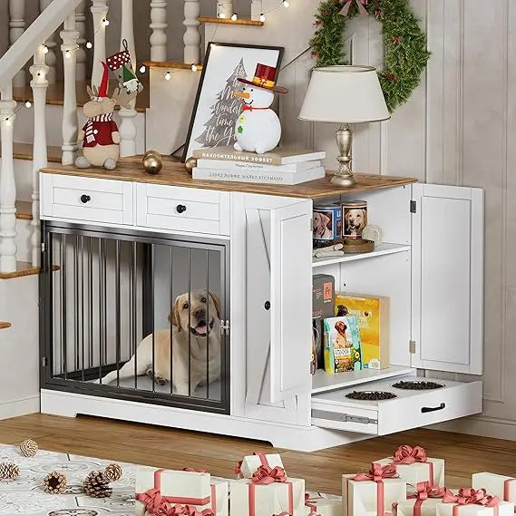 TIFICY Dog Crate Furniture With Storage Cabinet And Feeder