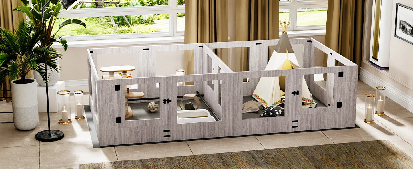 BORWARTH Dog Whelping Box Playpen With Tempered Glass Two Rooms